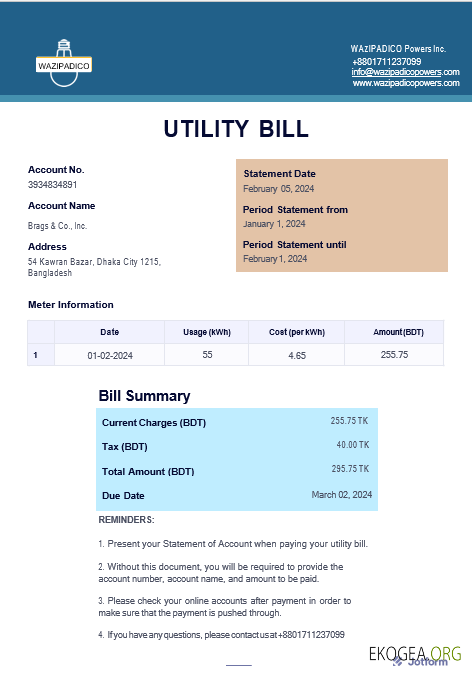 Modèle Word et PDF de facture de services publics d'entreprise BANGLADESH WAZIPADICO POWER